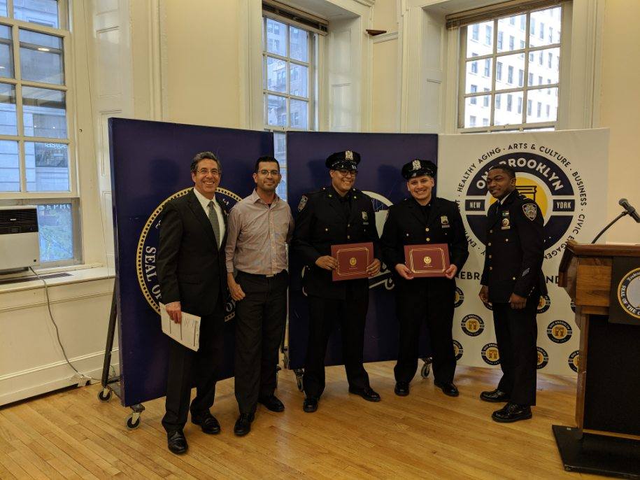 NYPD84Pct's tweet photo. Last night, at our Community Council Meeting, Special Operations Lieutenant Smallwood and Council President Mark Gelbs presented Cop-of-the-Month Awards to Officer Burgos and Garcia. They took #OneLessGun off the #StreetsofBrooklyn. @NYPDCommAffairs @NYPDBklynNorth https://t.co/HdtkOqpWN6