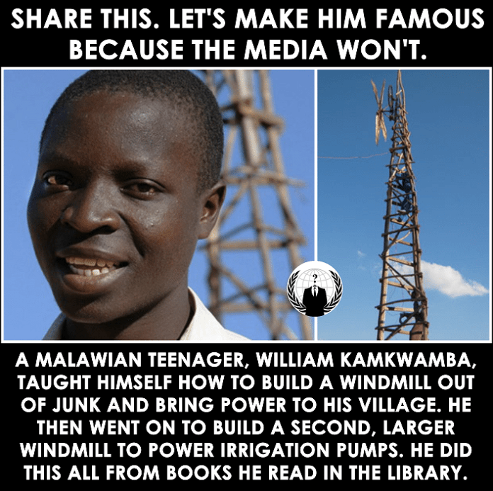 SeaShepherdPaul's tweet photo. #RenewableNews:
‛ Malawian Teen Taught Himself To Build A Windmill From Junk, Brought Power To His Village, All Learned From Library Books! ’ |   Joining A Call From #Anonomous Who Posted A Very Simple Message, They Say The Media Is Blacking Out..▼
https://t.co/RVohB4djdG https://t.co/evFs06Jl2V
