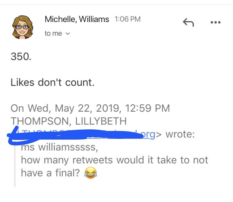 alright y’all, help me out! 😂 350 retweets for no final in any of her classes!!! every rt counts