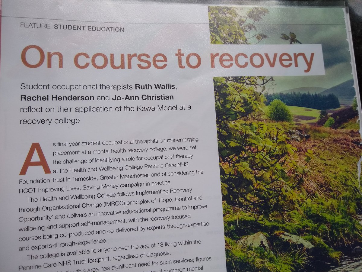 GeorgeEdgley's tweet photo. Health &amp;Wellbeing College @PennineCareNHS are tremendously proud of our undergraduate OT students who have had their placement work with us published in OT News this month @OTSalfordUni @AngelaDH https://t.co/rMebwXQ7FA
