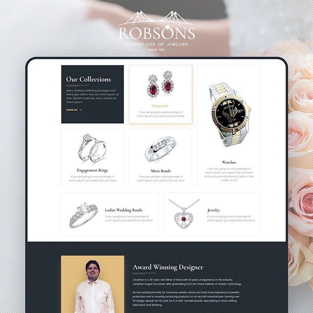 odmsoft's tweet photo. Homepage created and developed for a custom website of a jewelry company Robson's with an inserted “Our Collections” tab. Website designed by #ODMsoft
.
.
.
#jewelrywebsitedesign #jewelrywebdesign #jewelrywebdesigner #jewelrywebsite #jewelrygraphicdesign… https://t.co/52IfaUm9QL https://t.co/CoEPQvNA2I