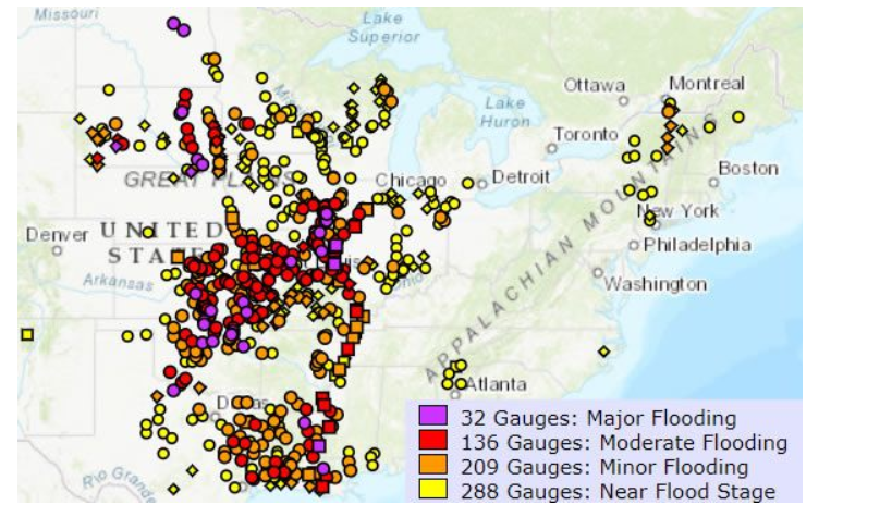 capitalweather's tweet photo. Nearly 400 river gauges exceeding flood stage in central US, w/ another 3 to 6" rain forecast.
* Mississippi River forecast to have top 5 historic crest in St. Louis around Memorial Day
* Baton Rouge at flood stage record 136 days and counting

More info: https://t.co/0misTfccan https://t.co/7gdthj1TQR