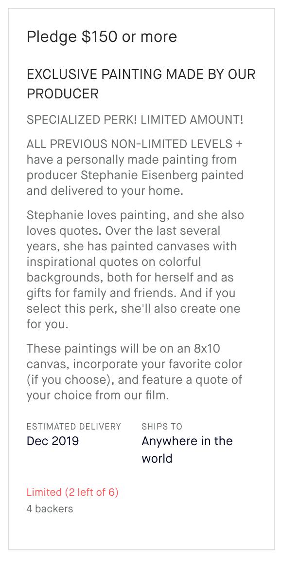 WhatWereMeantFo's tweet photo. Our #producer added more quote paintings, and we also added more consults with our #crowdfunding coach. Get them quick, before they're gone again!

https://t.co/vFsSRfq3yO
@kickstarter @indiegogo @seedandspark #fundraising #SupportIndieFilm #filmmaking https://t.co/DjYyC75h8g