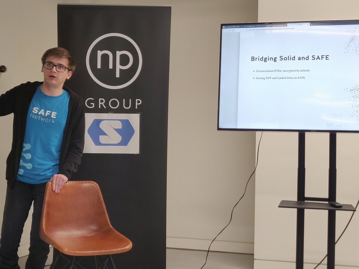 pierrec83's tweet photo. Bridging #Solid and the #SAFENetwork, users can get both choice and privacy.
Also, with the #PerpetualWeb, users won't get dead links from discontinued PODs π. Thanks @nbaksalyar for an enlightening presentation at #SolidLondon π https://t.co/qxLksVTKsS