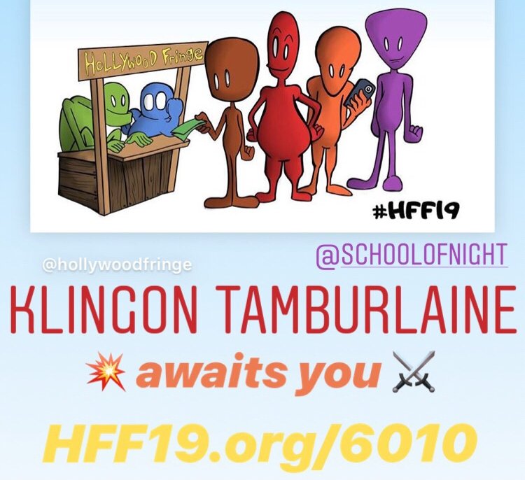 lilifoxlim's tweet photo. You won’t want to miss this... 🛸
⚔️ Qapla’! ⚔️
The 2019 @hollywoodfringe includes @SchoolofNightLA ‘s
K L I N G O N T A M B U R L A I N E 💥
🎫 https://t.co/niHph2XzaX
#hff19 #Qapla’ #lathtr #klingon #tlhIngan #trek #livelongandprosper #fringe https://t.co/R1ETgE4YMT