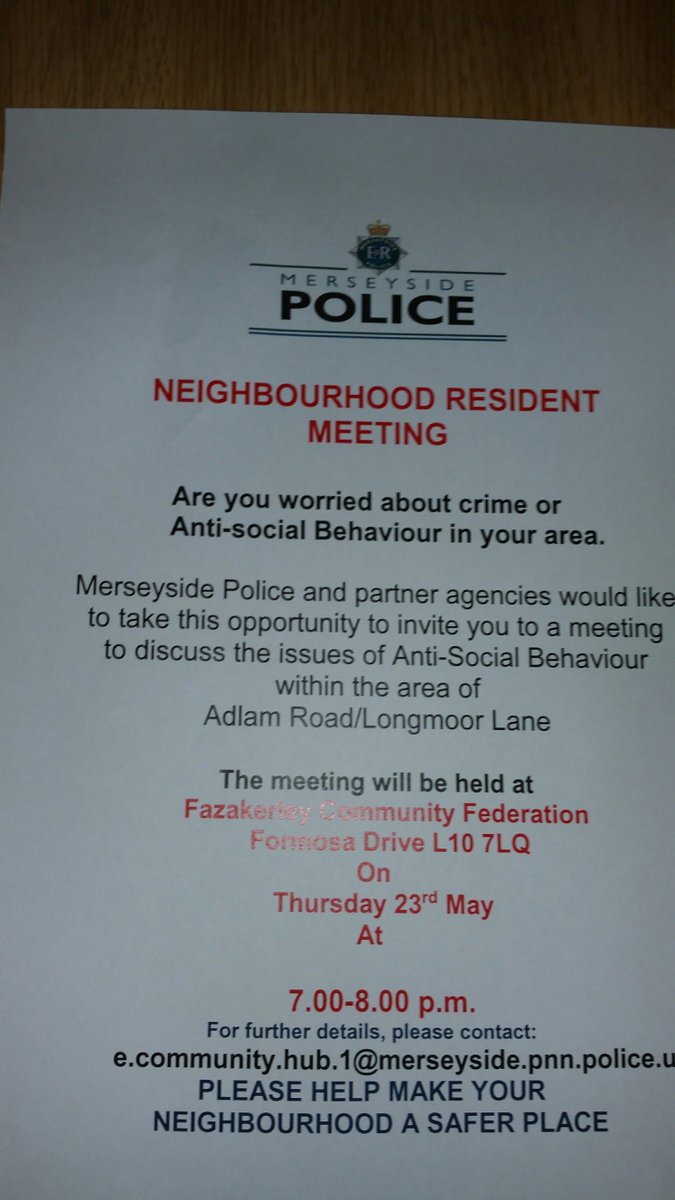 MerPolWaltonLn's tweet photo. Meeting will be held at this location due to concerns from Local Residents, attending will be Merseyside Police Local Policing Team and other agencies to address these issues. https://t.co/lre7dgW7Aa