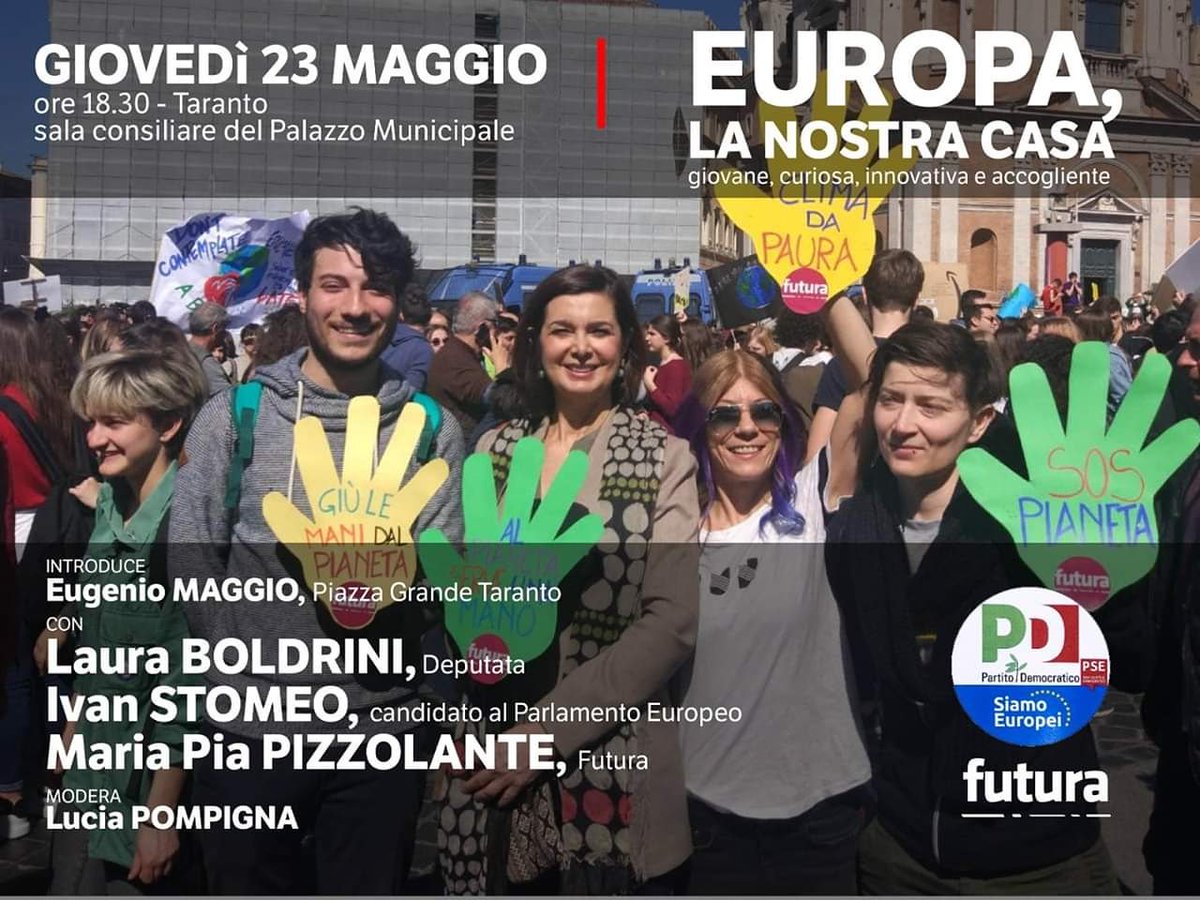 ivan_stomeo's tweet photo. Domani sarò a #Taranto con l'On. @lauraboldrini, già Presidente della Camera, ora presidente onoraria della rete civica @futurai che ringrazio per il sostegno. Vi aspetto!
#elezionieuropee2019 #scriviStomeoIvan #26maggio https://t.co/g6fLD4ekSS