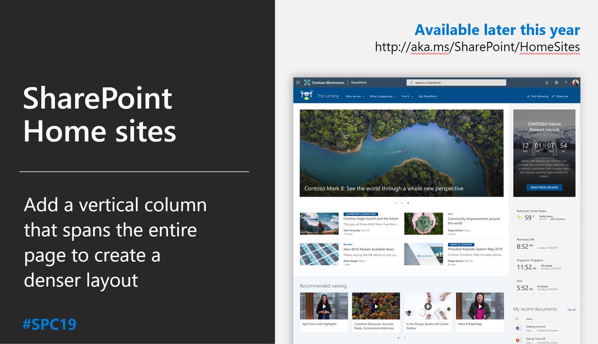 SharePoint's tweet photo. Learn about the capabilities of #SharePoint Home sites, like adding a vertical column that spans the entire page to create a denser layout. #SPC19 https://t.co/GkvdIMWn46 https://t.co/es7lna8GO9