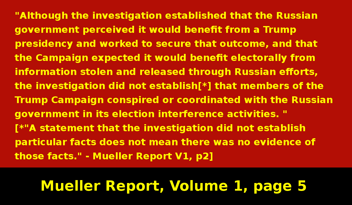 So, even though there was evidence that Trump campaign officials interacted with Russians and accepted Russian help, there was not enough evidence to "establish" conspiracy. (Remember the statement about use of the word "establish") #MuellerReport  https://www.justice.gov/storage/report.pdf