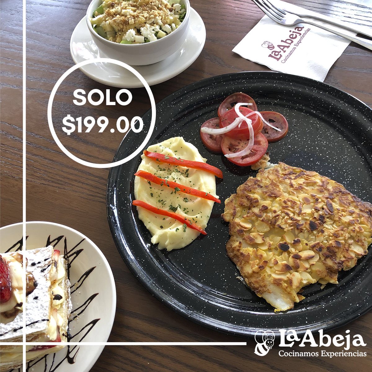 ¿Hambre? ¡Prueba nuestra sugerencia del mes: Ensalada de lechugas mixtas, manzana, pera y vinagreta de mostaza-miel + Pescado almendrado con puré de papa y jitomate fresco + Milhojas POR SOLO $199.00!

#CocinamosExperiencias #LaAbeja