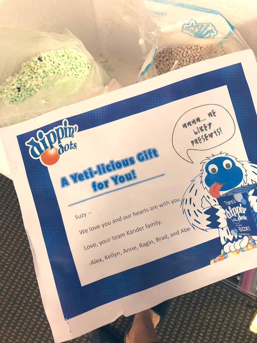 suzytweet's tweet photo. Thank you to my #TeamKander fam for lifting my spirits and honoring Sweet Pea’s life with a special delivery of 15lbs of @DippinDots. @alexandra_rap, @brad_elkins, @AbeRakov, @anne_feldman, @KellynSloan & @RaginJackson! https://t.co/L1BRm1IUEr