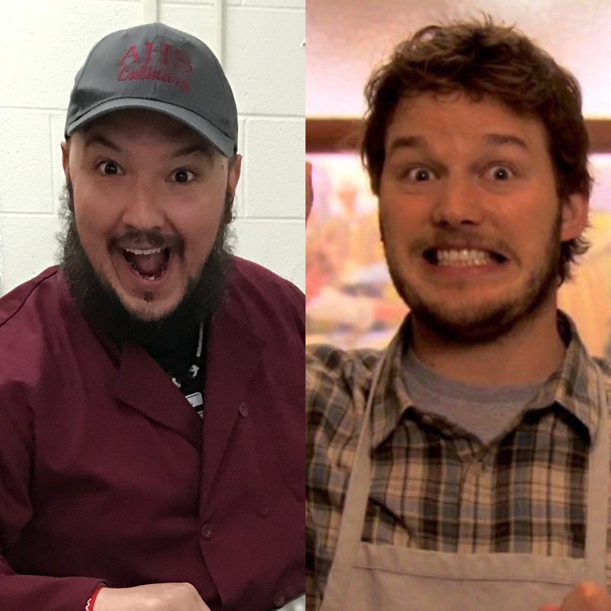 When your first block kiddos are all sitting there like 🤭 staring at @TheAHSMrLandry because they think he looks like @prattprattpratt you know it’s #WackyWednesday #AHSCHAT #thisis9thgrade