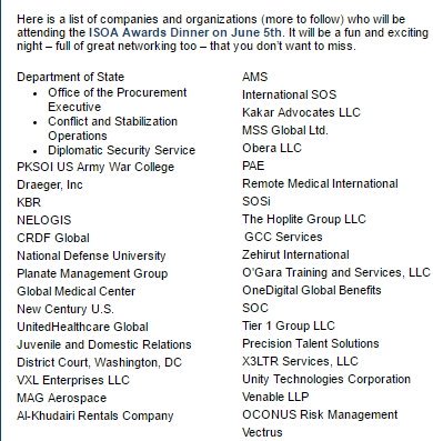EmeritusIsoa's tweet photo. ISOA shared an updated list of impressive firms attending the 5 June 2019 Achievement Awards Dinner here in Washington, DC. More than 300 folks came last year-a great industry event!
https://t.co/taQ9yI8LVQ
@StabilityOps #StabilityOperations #StabilityOps
#Peacekeeping
#PKO https://t.co/7UD0VdOkFO