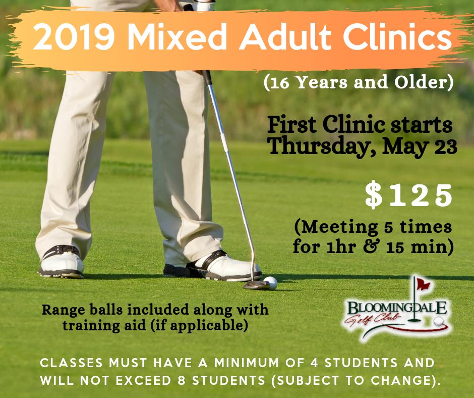 Bloomingdale Golf Club will be offering five sessions of adult clinics throughout the 2019 golf season. Classes are geared towards those individuals who have little to some basic golf knowledge. Sign up below!

bit.ly/2HW3qSO