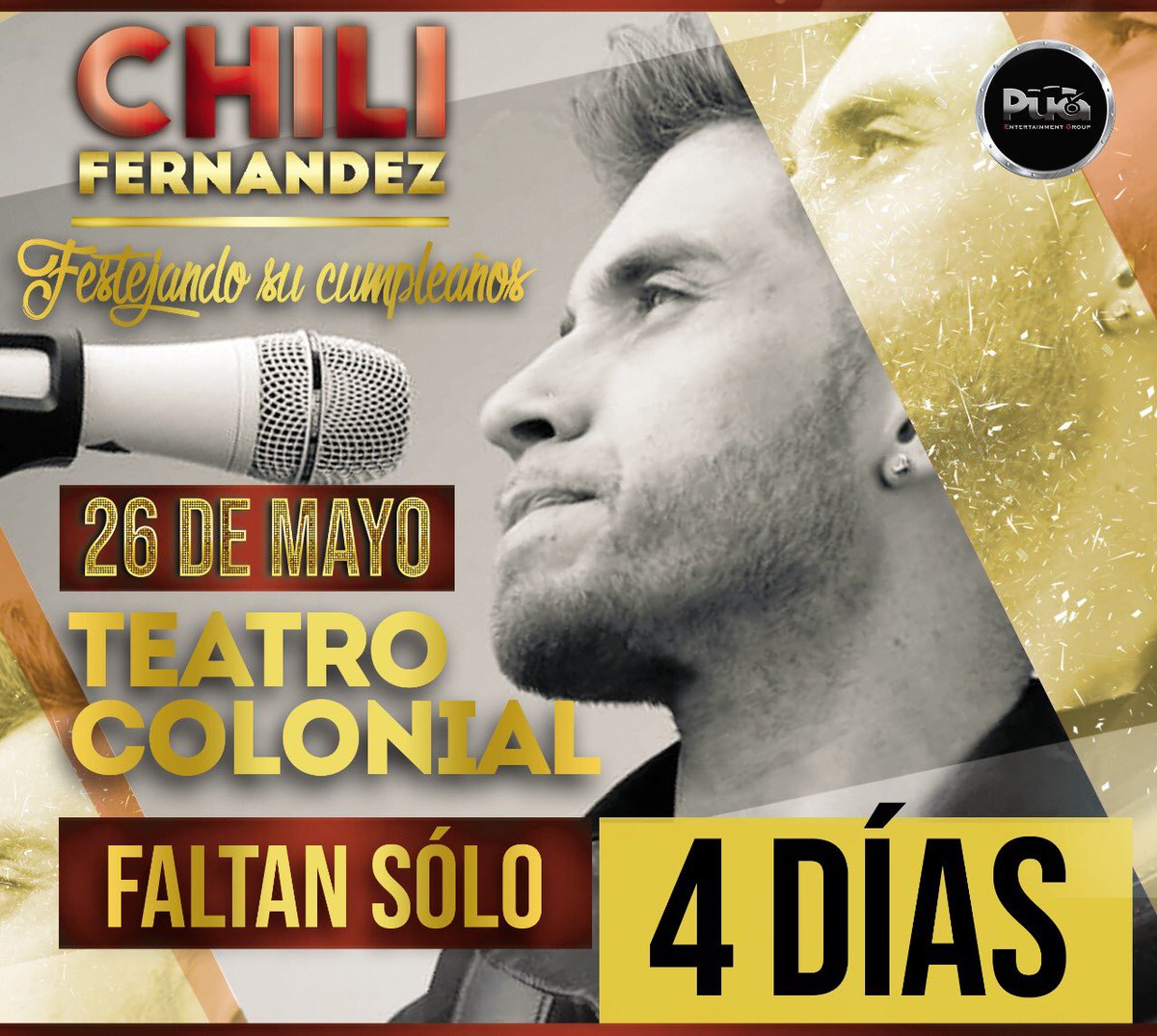 puagroup's tweet photo. CUENTA REGRESIVA! @CHILI_FZ llega este domingo al #TeatroColonial para festejar su cumpleaños junto a ustedes con un show en vivo imperdible! 

Entradas en @tuentrada 

#chilifernandez #esmomentochilifernandez @puamauro https://t.co/XadgGYLqH6