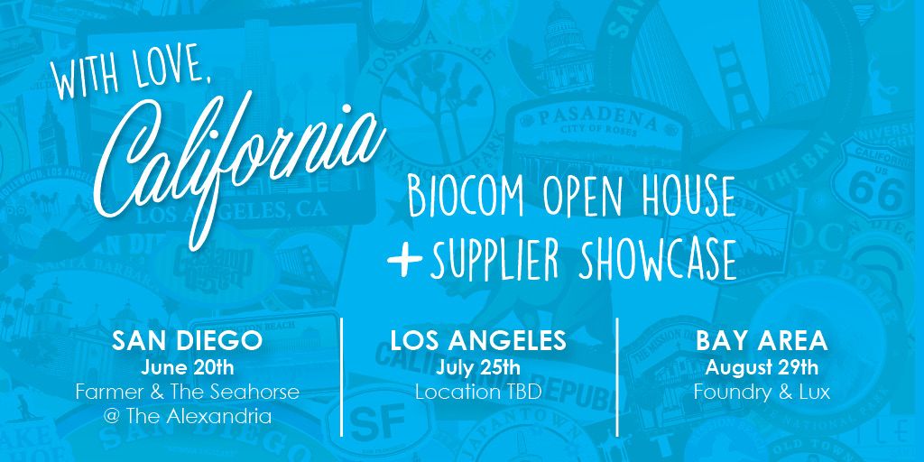 Biocom's tweet photo. Travel with Biocom through our Golden State, as we bring industry leaders together for summer soirées filled with networking, giveaways and celebrations! Register now for our regional Biocom Open House + Supplier Showcases this June, July and August! https://t.co/9si6aPi89E