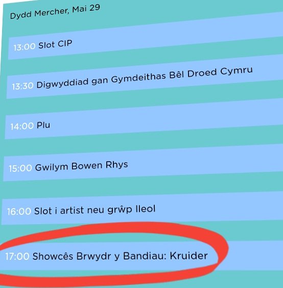Just a reminder that our gig this Friday in the Saith Seren has been postponed. 
But don't worry! We are (or 'Kruider' are) playing at the <a href="/EisteddfodUrdd/">Eisteddfod yr Urdd a’r Celfyddydau</a> on the Llwyfan Perfformio next week!! 🎉 Get down for 5pm on the Wednesday for some interesting things 👍🏻😁