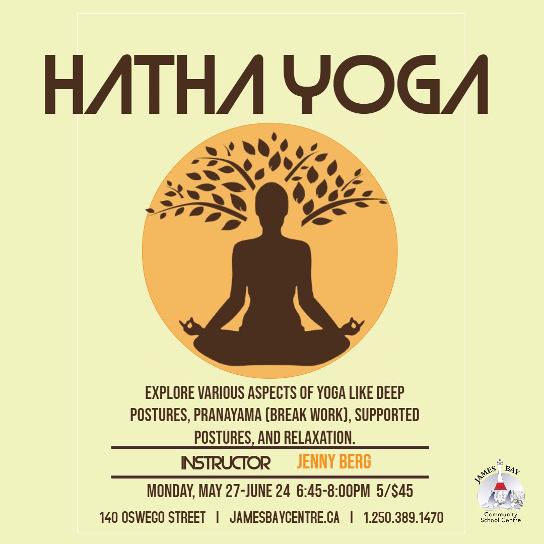 Join instructor Jenny Berg for the last Hatha Yoga session of spring! Class starts Monday May 27th at 6:45pm. Make sure to register ahead of time to avoid disappointment.

#yoga #Hatha #relaxation #community #active #JamesBay #Victoria