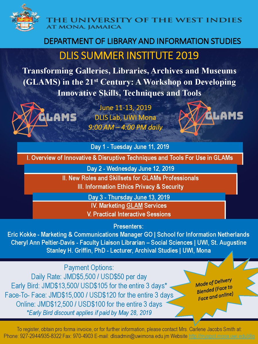 GO verzorgt samen met <a href="/UWI_StAugustine/">UWI St. Augustine</a> en @UWI monamedia  een 3-daagse online cursus over de digitale transitie en de gevolgen daarvan voor GLAM ( Galleries, Libraries, Archives and Museums).

3 dagen vol nieuwe tools en technieken, nieuwe skills en hoe dit te promoten!