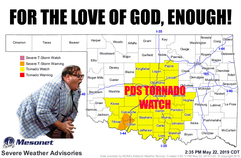 okmesonet's tweet photo. Particularly Dangerous Situation (PDS) tornado watch through 10pm! Who's had enough? #okwx #okmesonet https://t.co/oWg0GDwDmq