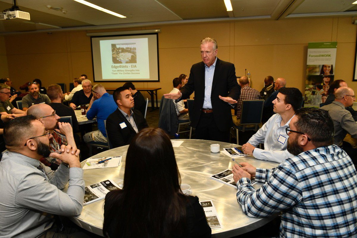 FlyYEG's tweet photo. Tom Murphy of @edge4_vets speaking with some of the 60 veterans &amp; 25 employers at today's veterans employment workshop at EIA. This is a pilot program for the Canadian Airports Council @canadasairports &amp; already in use with @airportscouncil . #Edge4Vets Forces@Work @treblevictor https://t.co/HlHN5QAZ2I