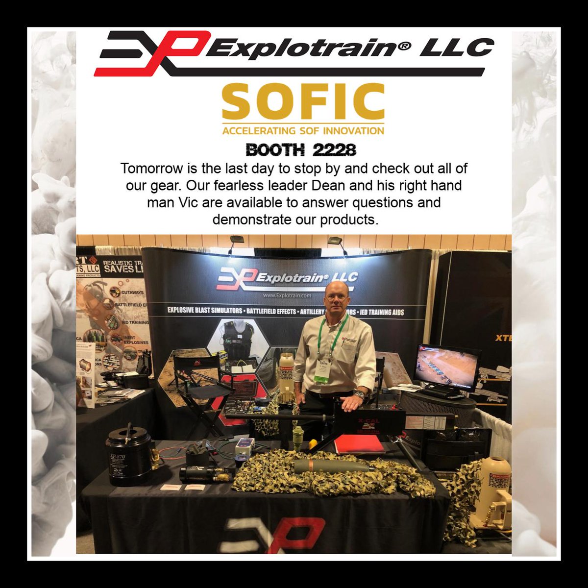 Explotrain's tweet image. So far SOFIC 2019 has been excellent. Tomorrow is the last day to attend so be sure to stop by booth #2228 and say hello to Dean and Vic!

#military  #tactical  #EOD #CIED #weaponsimulator #boom #explotrain #innovation #counterterrorism #bombsquad #defense #armedforces  #ordnance