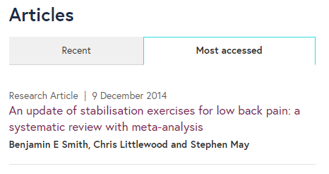 Now the most accessed article for BMC MSK. An update of stabilisation exercises for low back pain: a systematic review with meta-analysis …musculoskeletdisord.biomedcentral.com/articles/10.11…