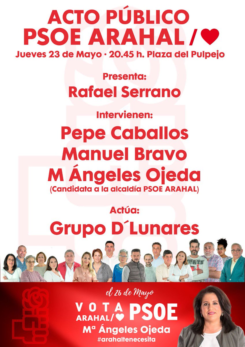 Acto Público del PSOE de Arahal mañana jueves día 23 en la Plaza del Pulpejo a las 20:45h.
#SiempreHaciaDelante #Arahaltenecesita #PSOEArahal #VotaPSOE #Arahal