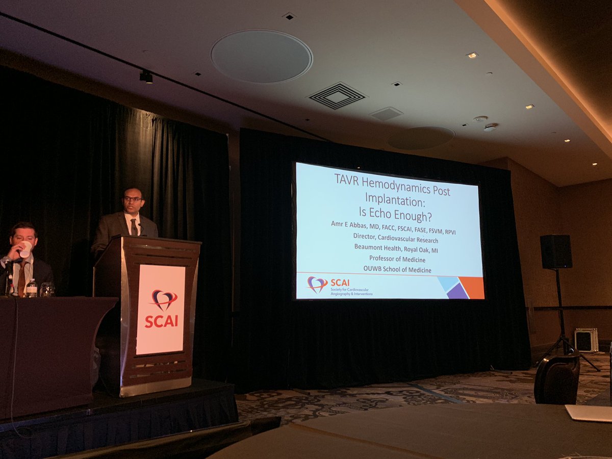 willsuh76's tweet image. Amr Abbas explaining cath vs echo mean gradient discrepancy in post #TAVR. Modified Bernoulli equation (4Vsquared) doesn’t account for pressure recovery, LVOT pressure, flow acceleration, viscous loss. #SCAI2019