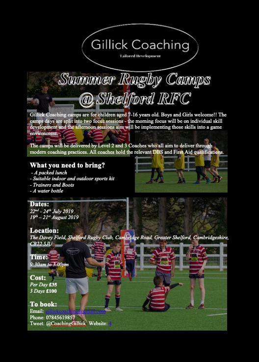 🏉🏉Dates released for our Summer Camps🏉🏉 

@ShelfordRugby 

Not long until the summer which means not long until the new season!! #howwillyouprepare #tailoreddevelopment #preseason #fitterfasterstronger

Contact Mike at gillickcoaching@gmail.com