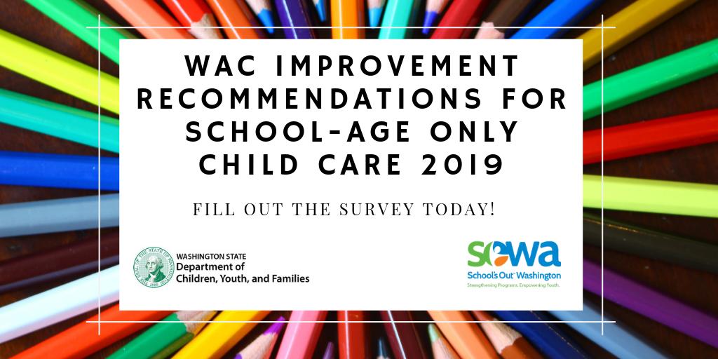 SchoolsOutWA's tweet photo. Your input is needed on the Washington School-Age Only Child Care regulations. This is a rare opportunity to give feedback on the entirety of the WAC. Please share with other providers! 
#WASchoolAgeRules
Survey: https://t.co/SN5G3kqgQJ
Find out more: https://t.co/iQcggJIDc7 https://t.co/LQGE70RzkZ