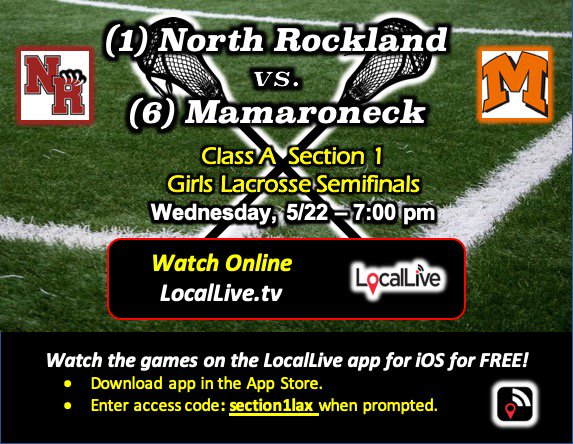 locallivenet's tweet photo. Watch the Section 1 Class A Girls Lacrosse Finals: North Rockland vs. Mamaroneck tonite at 7pm. See it at https://t.co/DCICQGIJ54 or get the LocalLive iOS app at https://t.co/VUebmTGEsp  @NRockathletics @MamaroneckGLax @NRStudentSect @NRRedRaider @NRGirlsLacrosse #lax #section1 https://t.co/w83h4MlM6A