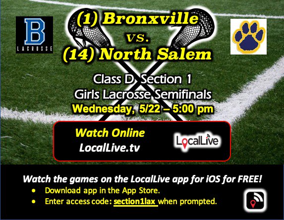 locallivenet's tweet photo. Tonight! Section 1 Class D Girls Lacrosse Finals: Bronxville vs North Salem at 5 pm. Watch it live at https://t.co/jJD9bgwbYc  or get the LocalLive iOS app at https://t.co/IHpEX06ZLm  @bronxvillelax @NS_Tigers @BxvEsPe @sports_broncos @booster_ns #bronxville #northsalem #lax https://t.co/Qn7S1GIpeu