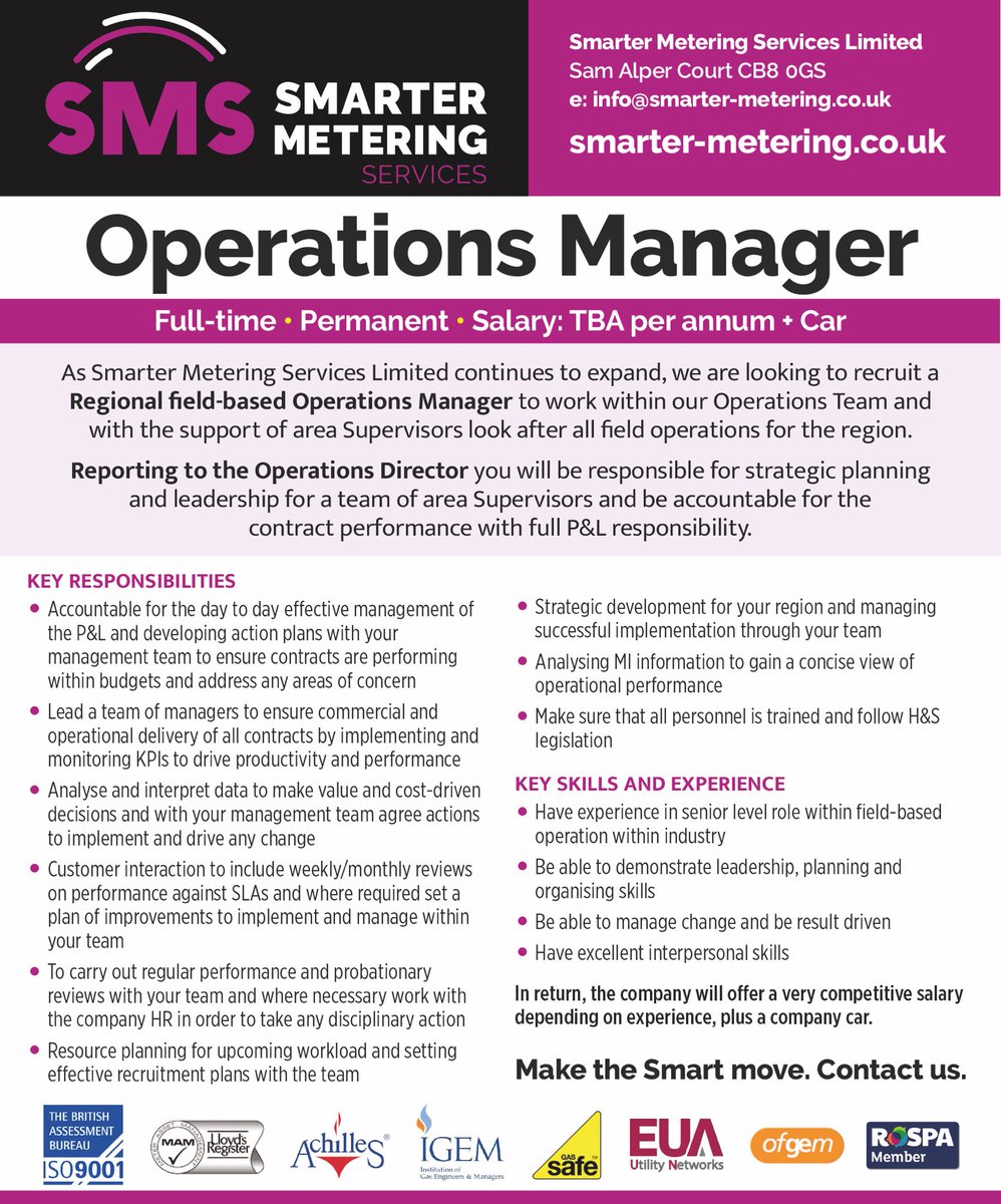 #OperationsManagers still required in the South of England, interviews are commencing 5th June as we further expand in the South. Details below! Get in touch... jointheteam@smsl.ltd  #gas #getintouch #jointheteam #engineering #hiring #recruitment #work  #smartmetering