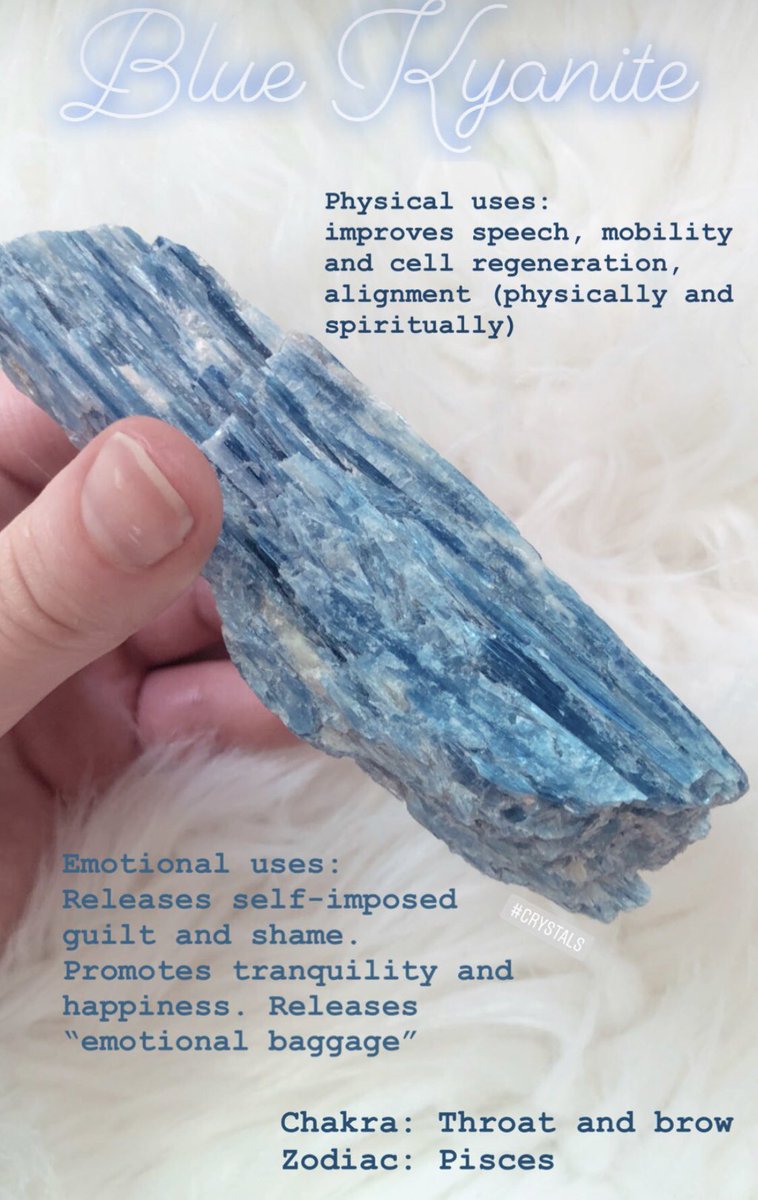 Blue Kyanite - “The happiness stone” // A perfect stone for empaths. A stone to remove &amp; balance negative energies &amp; emotions gathered throughout the day. #crystal #healing