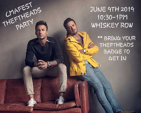 Who’s going to be in Nashville for #CMAFest? The <a href="/loveandtheft/">Love and Theft</a> #Theftheads Party will be held at <a href="/whiskeyrow/">Whiskey Row</a> on Sunday, June 9th at 10:30am-1:00pm! Bring your Thefthead pass for entry to your own exclusive viewing area. The party will also be open to the public! See you there! 🎉