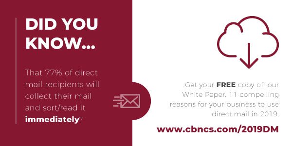 Did you know...that 77% of direct mail recipients will collect their mail and sort/read it immediately? Get your free copy of our White Paper, 11 compelling reasons for your business to use direct mail in 2019. cbncs.com/2019DM #directmail #marketing #directmailmarketing