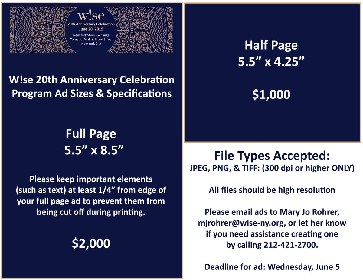 wisenewyork's tweet photo. Do you want a chance to advertise your organization or company while supporting the W!se 20th Anniversary Celebration? Purchase an ad today! The deadline is Wednesday, June 5th. #WISECelebrates20Yrs
https://t.co/1BNKZSyWhT https://t.co/1rGFuMBAQj