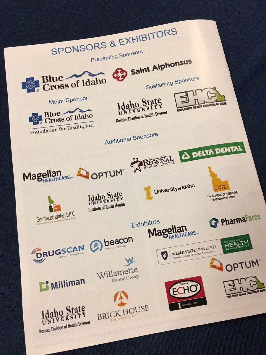 EventsApg's tweet image. Huge thank you to our generous sponsors! TY for helping us explore solutions to issues facing #healthcare in #Idaho.
@SaintAlsHealth @BCIF4Health @bluecrossidaho @ISUHealthSci @MagellanHC @EIRMC @ddidaho @Optum @uidaho @IdahoAHEC @IdahoStateU #WWAMI  #EHCI #IdahoHealthcareSummit