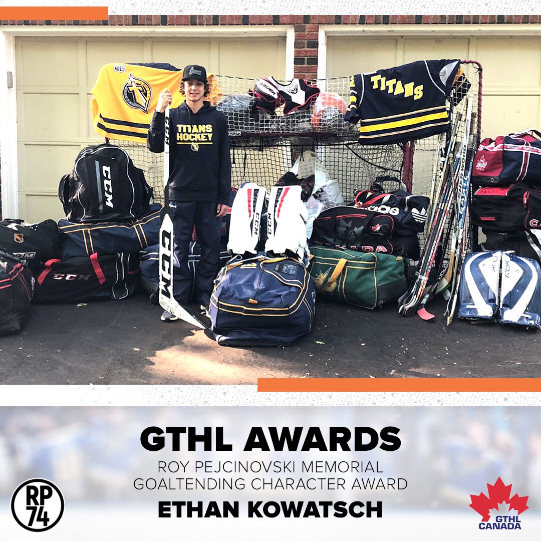 Roy would be proud. Congratulations to Ethan Kowatsch on becoming the first ever recipient of the Roy Pejcinovski Memorial Goaltending Character Award. Check out the GTHL website for more info on Ethan and his community contributions - well done! #rp74 #gthlawards #IPlayInTheG