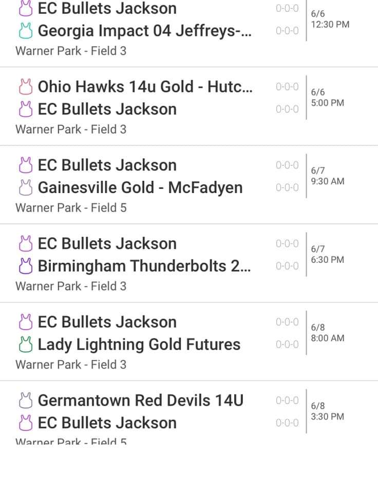 Haley's schedule for scenic city 
She will also be playing in the Allstar game at Warner park Wednesday 6/5 @ 4pm
Go EC Bullets Jackson!