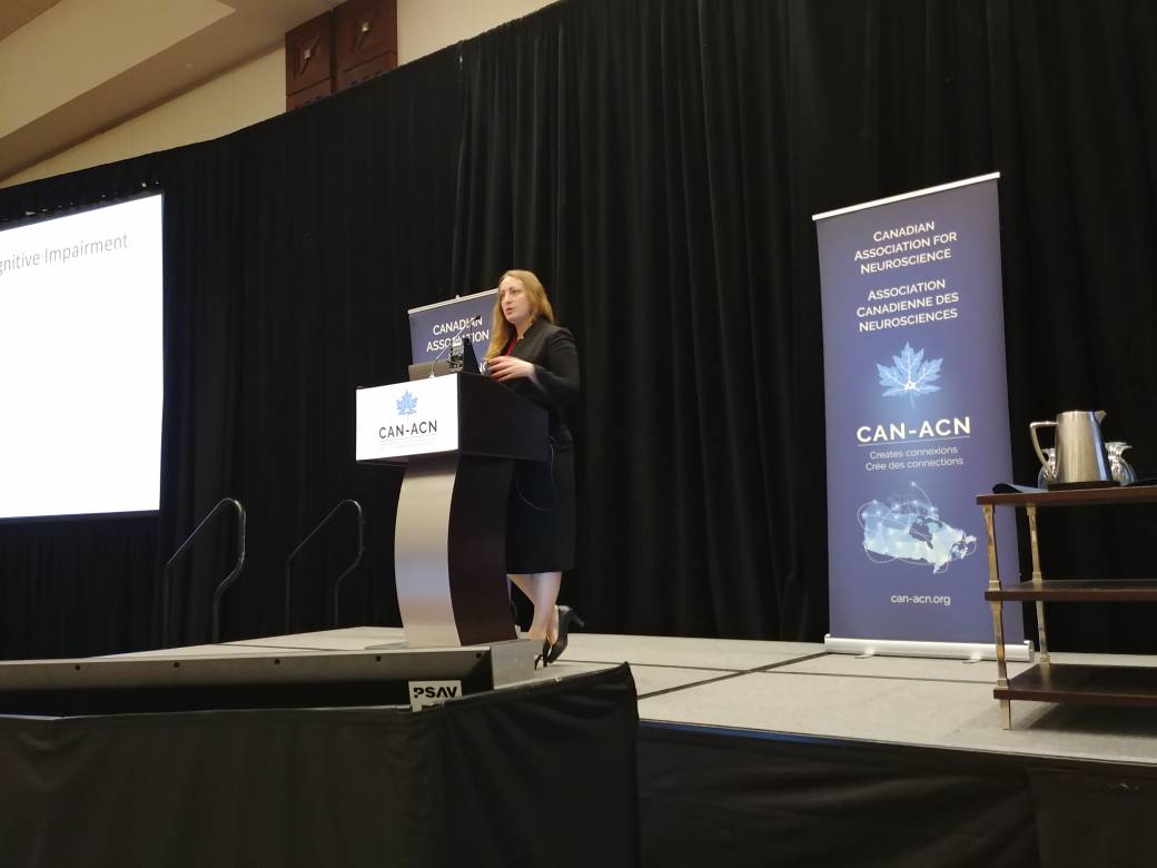 Now <a href="/michelle_monje/">Michelle Monje🎗️ 🟦</a> giving opening keynote lecture #can2019 about the effect of chemotherapy on brain - sponsored by <a href="/SickKidsNews/">The Hospital for Sick Children (SickKids)</a>. Centre for Brain &amp; Mental Health and the SickKids Neurosciences &amp; Mental Health program