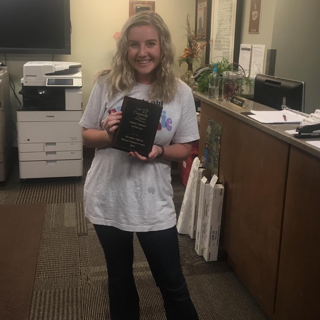 MaroonVolunteer's tweet photo. Congratulations to Alexandra Sullivan, our Volunteer of the Year! She has worked countless hours this year and made a huge difference in the community. We are so proud of her and so thankful for her service! #serviceatstate https://t.co/vny7hxMYKN
