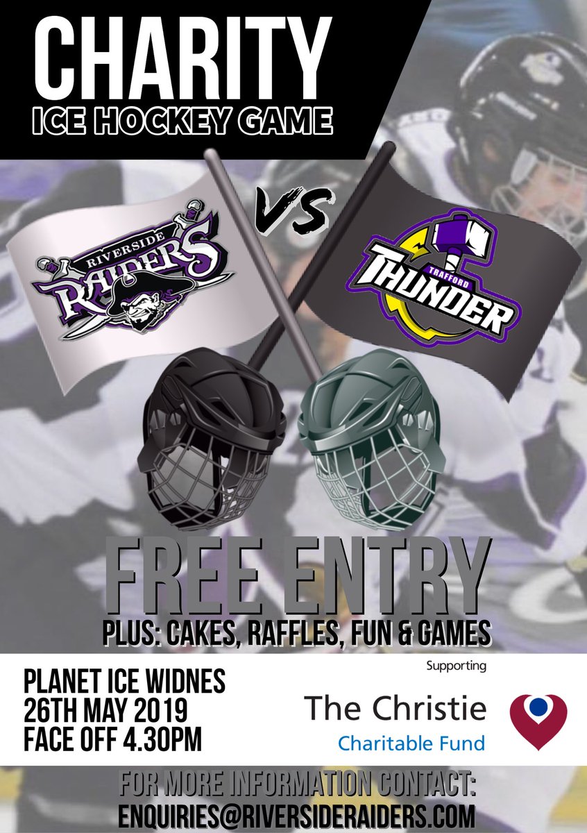 🚨THE BIG GAME🚨
🏒🥅🏒🥅🏒🥅🏒🥅🏒
<a href="/ThunderIHC/">TraffordThunderIHC</a> VS <a href="/raiderswidnes/">Riverside Raiders IHC</a> 
⏰ 4:30pm (Face Off)
📆 Sunday 26 May
🏟 <a href="/widnes_rink/">SilverBlades Widnes</a> 

All in aid of the truly amazing <a href="/TheChristie/">The Christie Charity</a> 🙏 🙏🙏
#ThunderHockey #Charity #IceHockey #Retweet