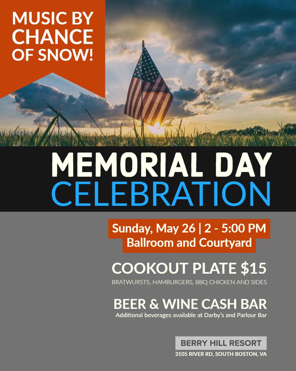 BerryHillResort's tweet photo. 🌤️Proper summer weather on the forecast for this celebration! 🌤️
Who's coming?
We have a few rooms available in case you want to make a weekend out of it 😉
#memorialday #memorialdaycelebration #memorialdaycookout #livemusic #lovehalifaxva #discoverhalifaxva https://t.co/dgoOfFJtMx