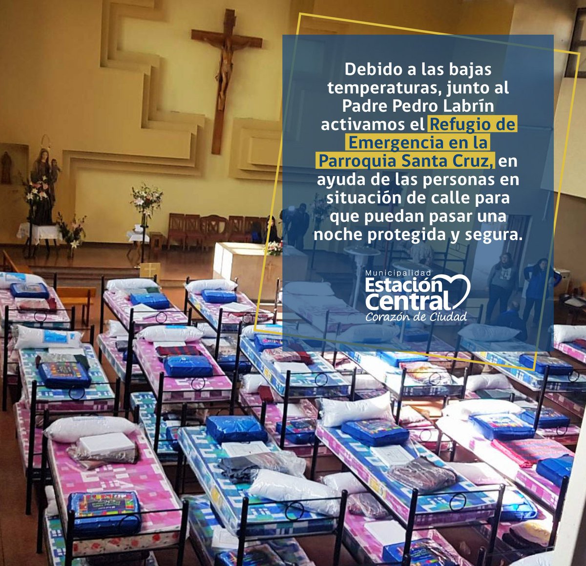 RodrigoDelgadoM's tweet photo. Nuevamente esta noche funcionará refugio de emergencia en la Parroquia Santa Cruz, habilitado gracias al apoyo del Padre @plabrinsj y la gestión del alcalde @RodrigoDelgadoM con @Carabdechile @dsocial_gob @IntendenciaRM @EquipoJUNAEB
 #codigoazul https://t.co/MdkTq4m4BB