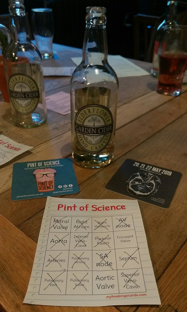 Happy to be back at @Roebuckborough for another year of @pintofscience 🍻. No luck with the 'cardiovascular bingo' though...
o well, at least learned about new ways to treat broken hearts 💔 and had a pint of long overdue cider 😁
#pint19