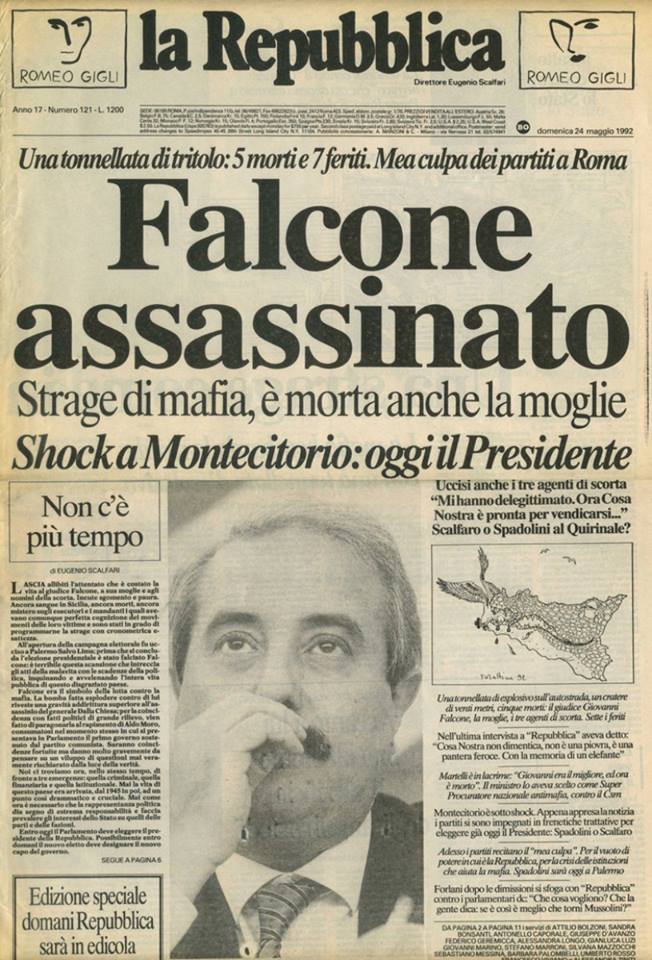 repubblica's tweet photo. #23maggio 1992 - Sull'autostrada A29, nei pressi dello svincolo di #Capaci, un attentato messo di Cosa Nostra toglie la vita al magistrato Giovanni #Falcone, alla moglie Francesca Morvillo, e agli agenti di scorta Vito Schifani, Rocco Dicillo, Antonio Montinaro #AccaddeOggi https://t.co/HFXqszi9XX