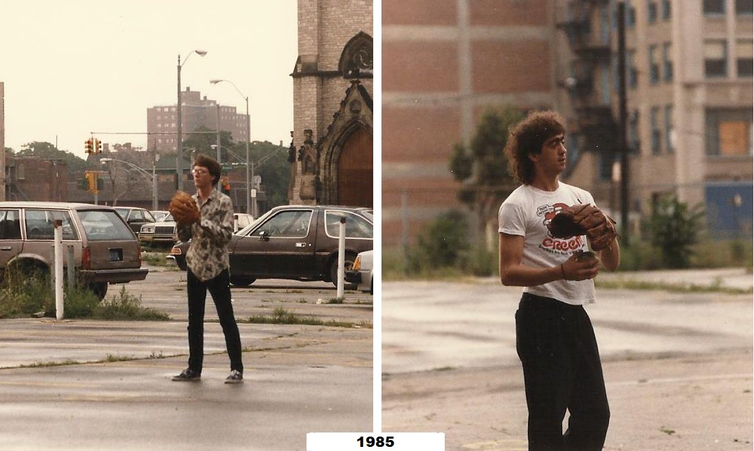  #Detroit, Woodward & Fisher Svc Rd, 1985-2018. On Aug 10, rock band REM played an evening gig at Fox Theatre (opening act: The Replacements). Members Bill Berry & Mike Mills played some catch in the vacant lot across from St John's Episcopal. A Brewster tower rose in the distance