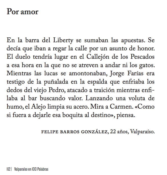 #cuentodeldía: "Por amor", publicado en el libro con los mejores 100 cuentos de la versión IV de #valparaísoen100palabras